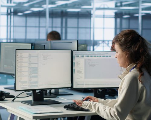 Manager supervising multiethnic team working in data center, making announcement. Team leader discussing with employees monitoring energy consumption across server rigs components, camera A
